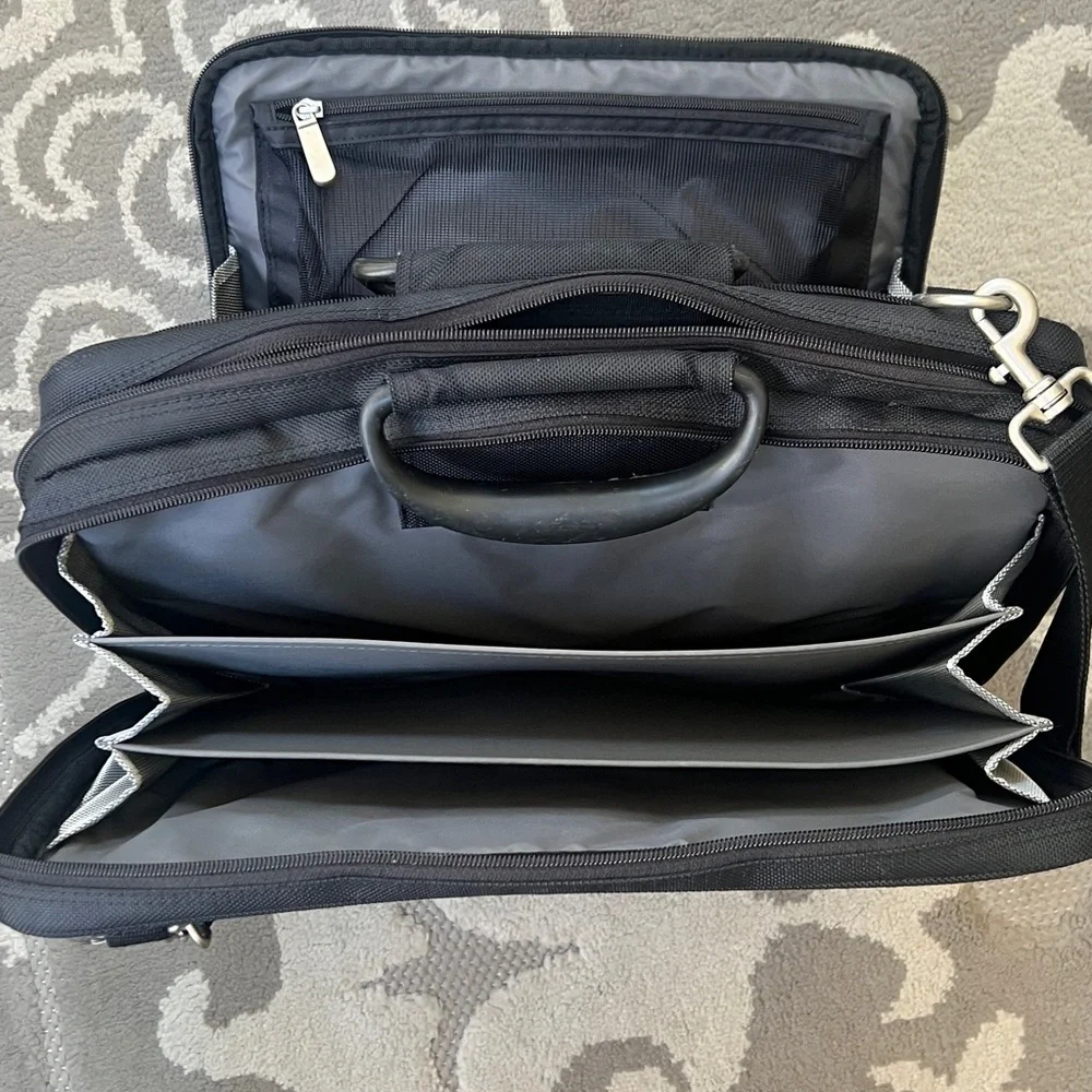 Black Men's Laptop Briefcase Shoulder Bag, tons of compartments, umbrella holder
